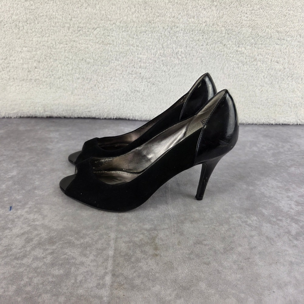 Kristin Davis Black Suede and Patent Leather Peep Toe Stiletto Pumps Size 7M